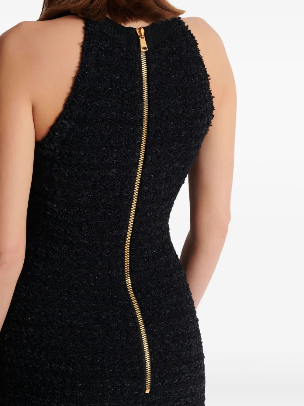 Balmain Buttoned-pocket Tweed Mini Dress In Black