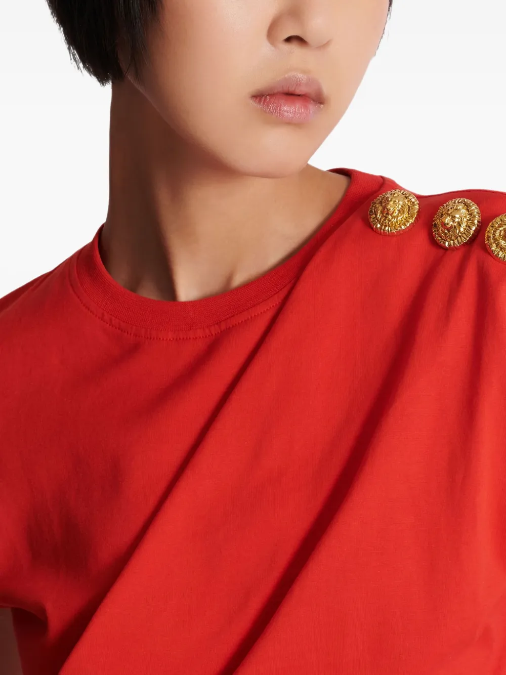 Balmain Draped Lion-head Button T-shirt In Red