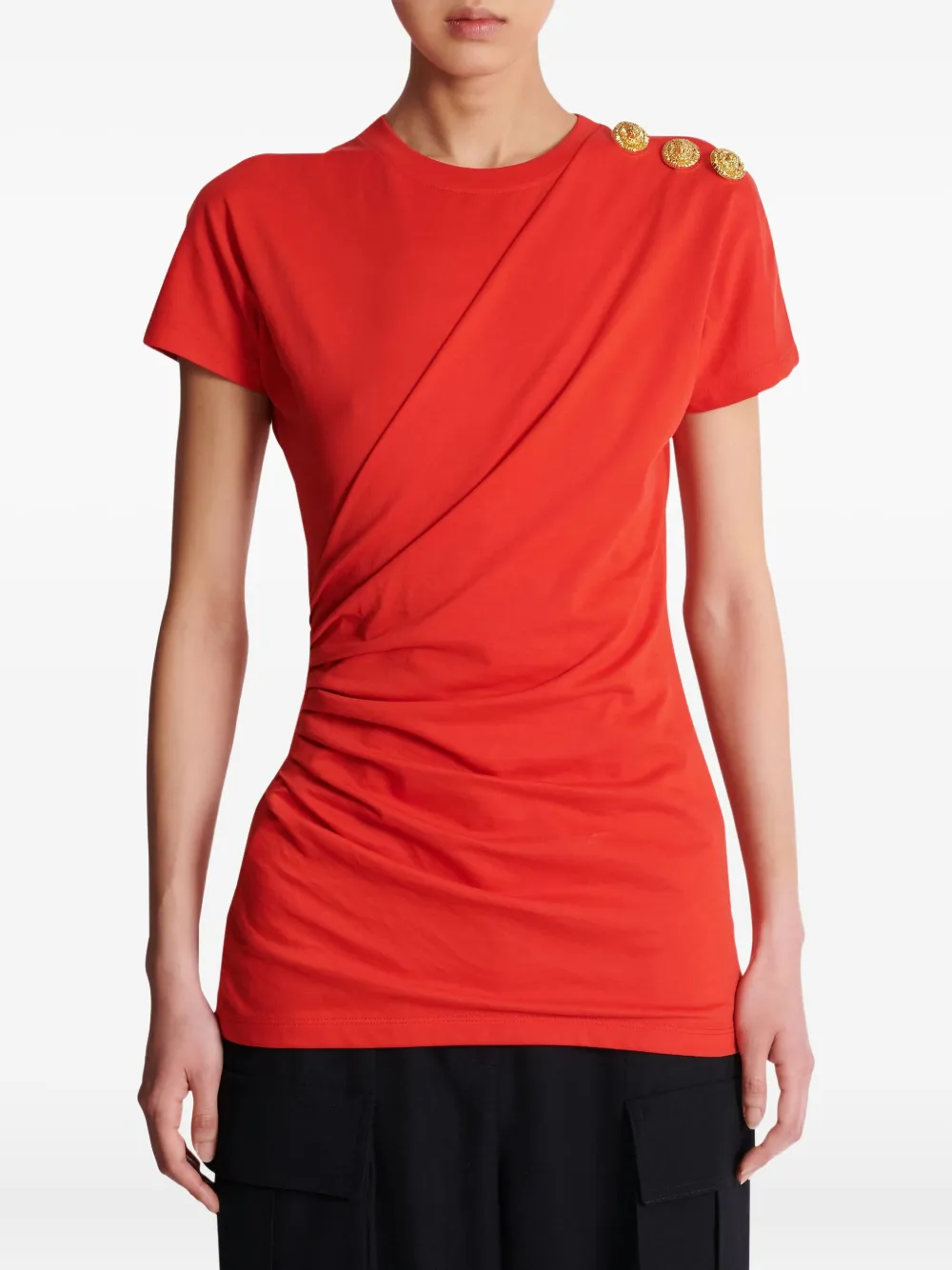Balmain Draped Lion-head Button T-shirt In Red