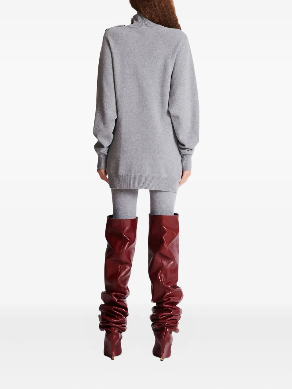Balmain Cashmere Wool Turtleneck Dress Gold Button Detail In Gray