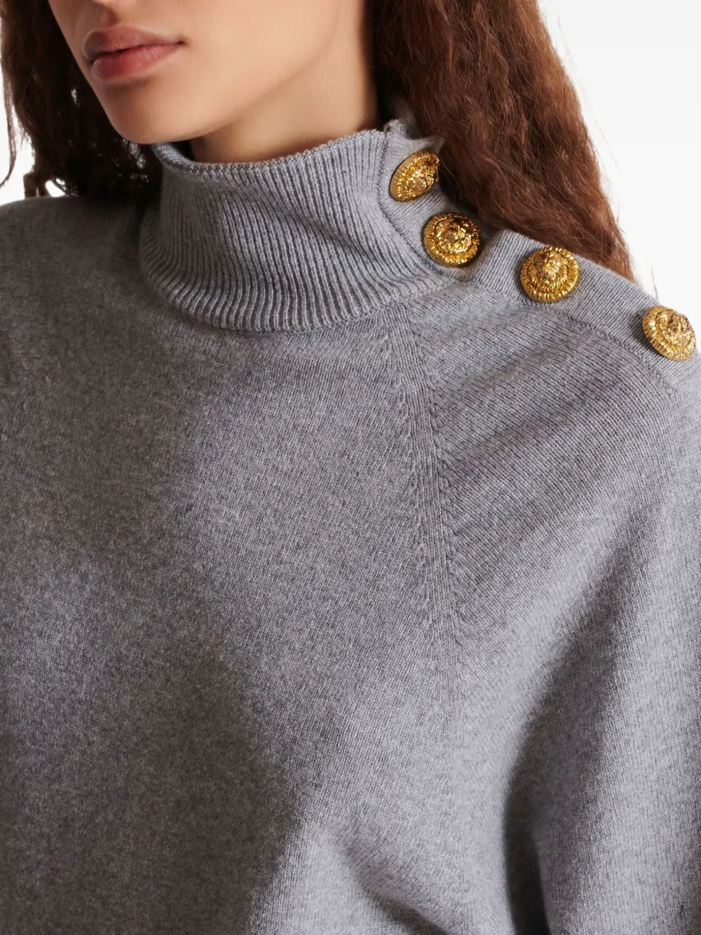 Balmain Cashmere Wool Turtleneck Dress Gold Button Detail In Gray