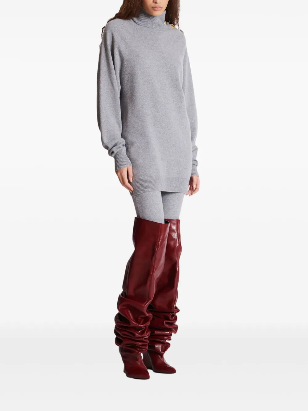 Balmain Cashmere Wool Turtleneck Dress Gold Button Detail In Gray