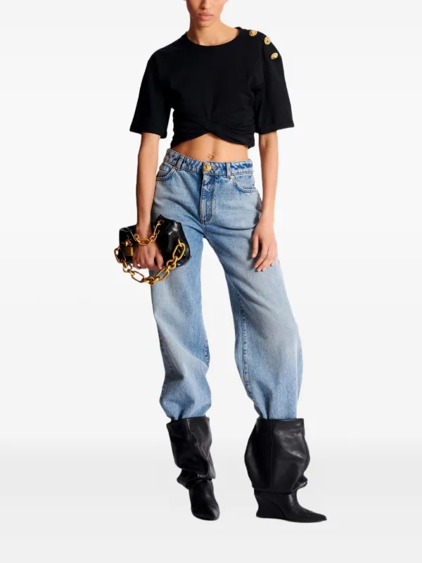 Balmain button-embellished twist-front T-shirt | Black | FARFETCH