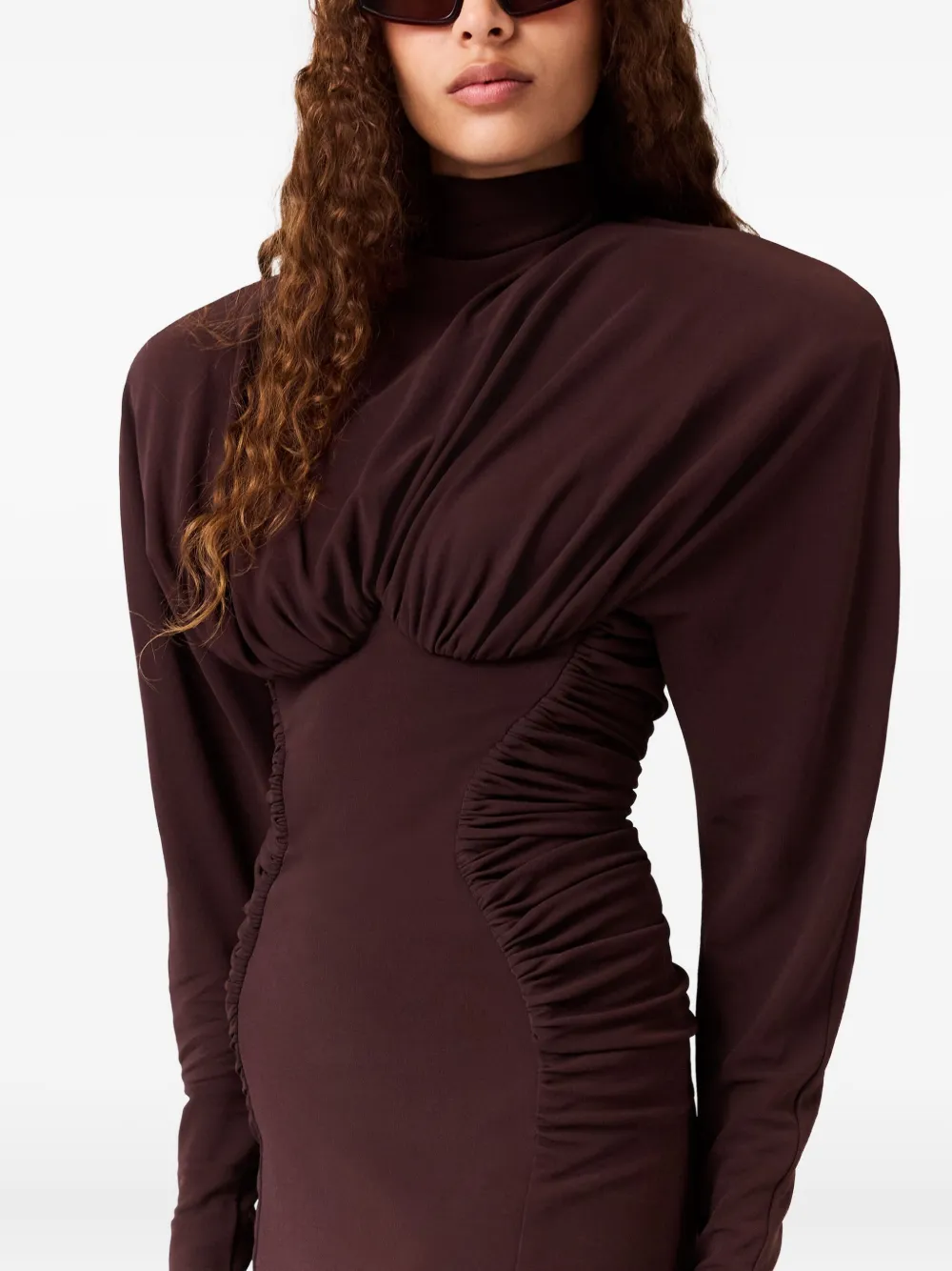 Stella Mccartney Pleated Long Sleeve Crepe Jersey Minidress In Brown