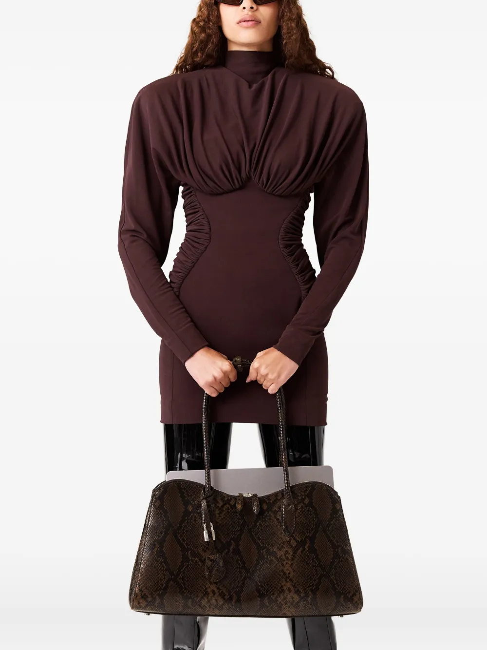 Stella Mccartney Pleated Long Sleeve Crepe Jersey Minidress In Brown
