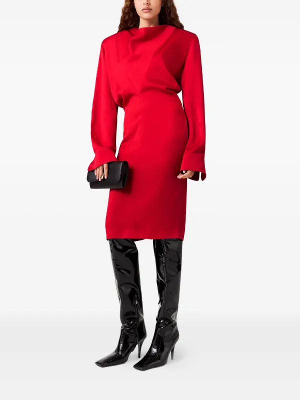 red cowl neck midi dress Red Cowl Neck Satin Midi Sheath Dress