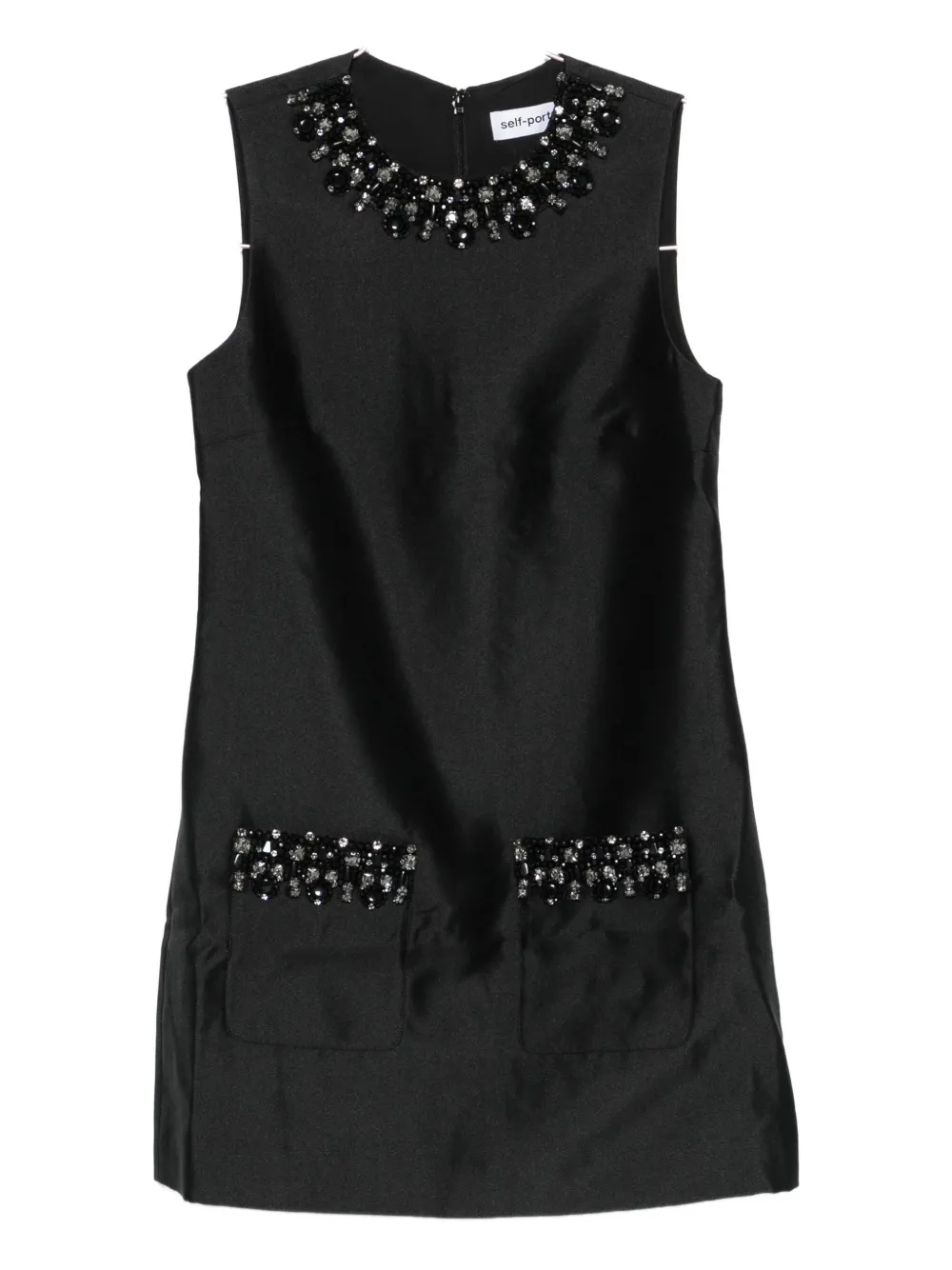 Self-portrait Sleeveless Black Midi Dress With Beadwork And Patch Pockets In Black