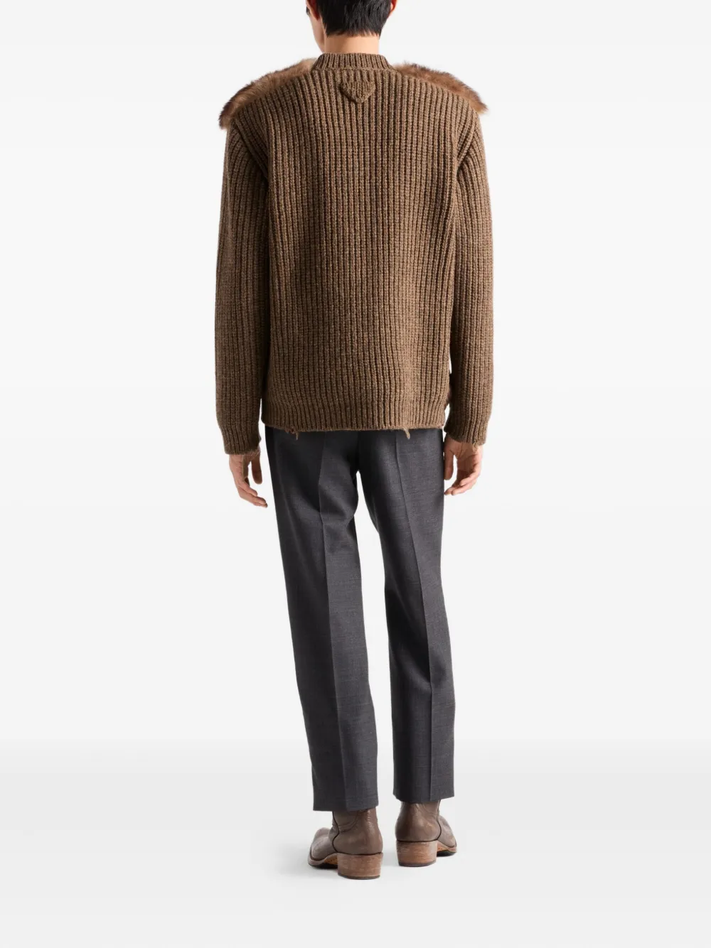 Prada Shearling-trimmed Wool Cardigan In Brown