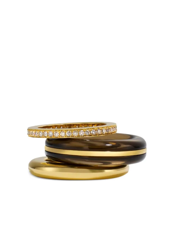 By Pariah 14CT Gold Diamond and Quartz Ring Stack