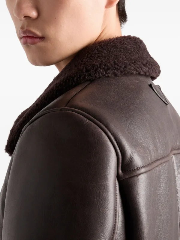 Prada shearling-collar Leather Jacket | Brown | FARFETCH