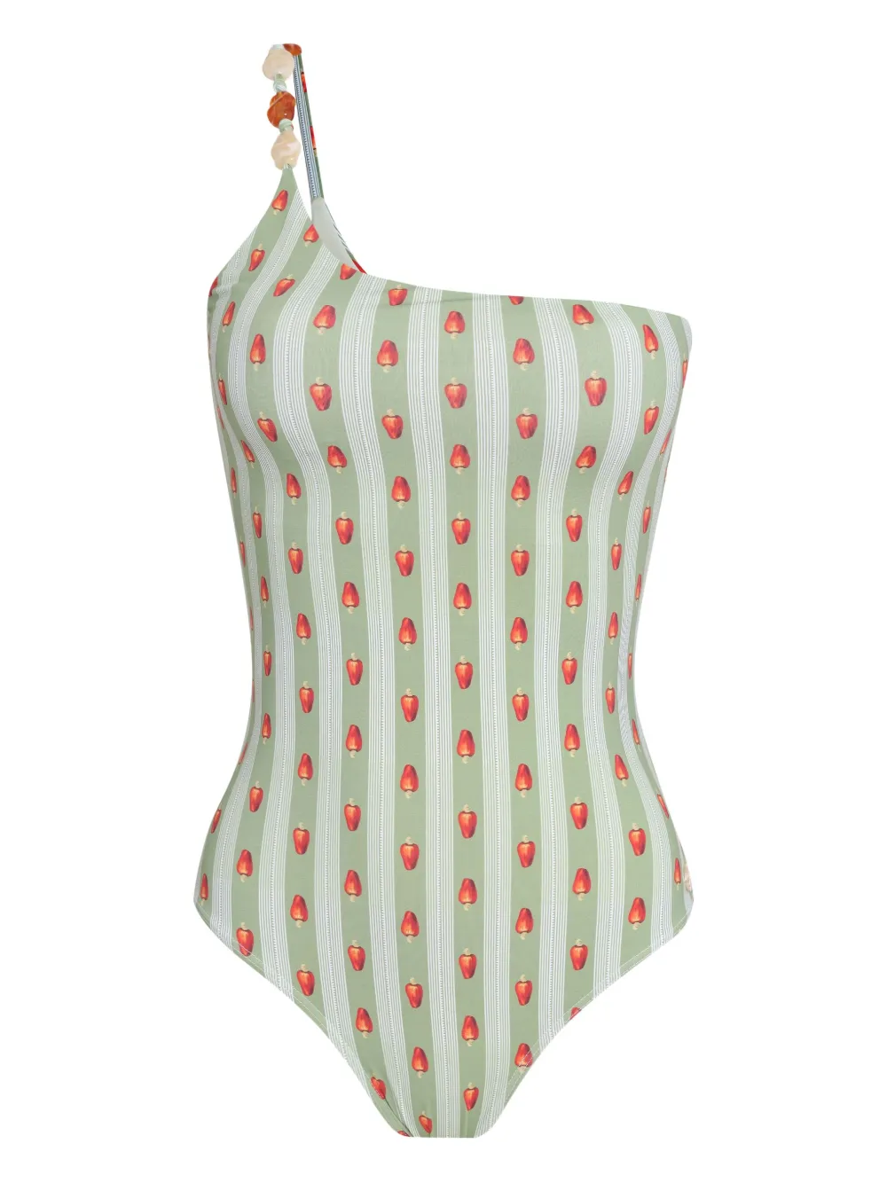 Brigitte one-shoulder stripe strawberry-print swimsuit Groen