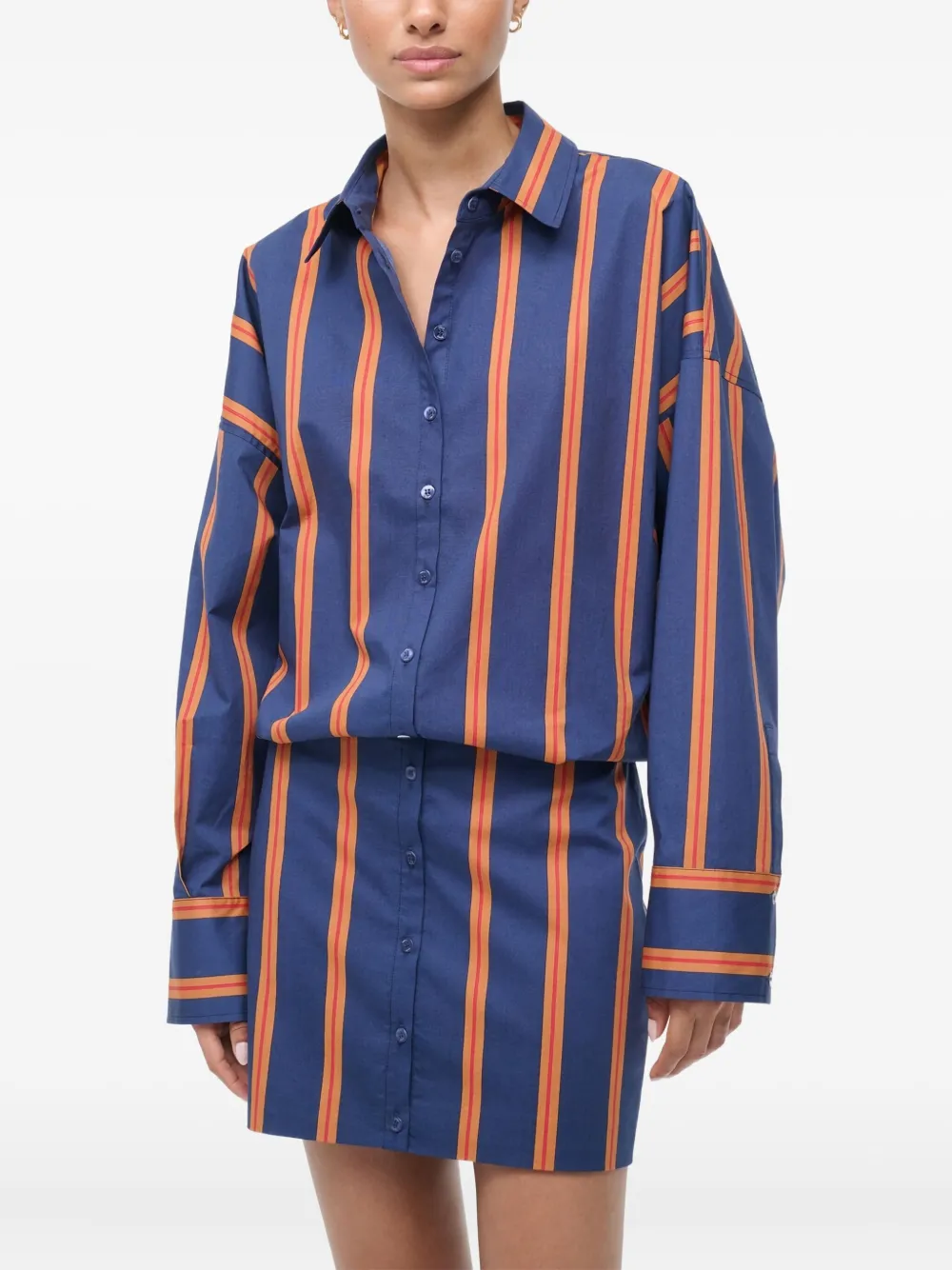 STAUD Cynthia gestreepte mini-blousejurk Blauw