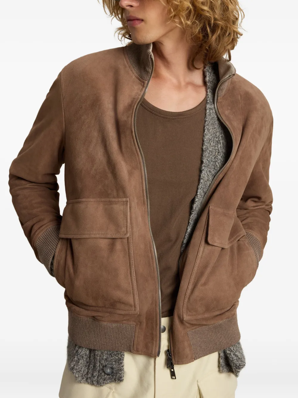 Woolrich Ribbed-cuff Suede Bomber In Brown