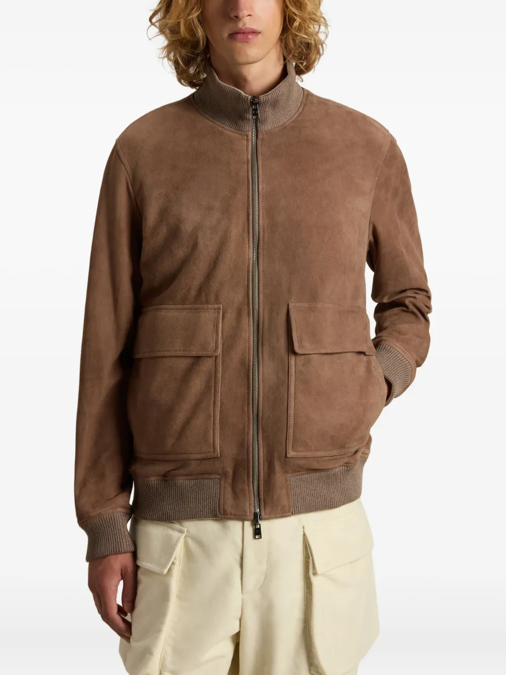 Woolrich Ribbed-cuff Suede Bomber In Brown