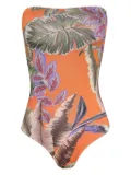 Brigitte leaf-print halter swimsuit - Orange
