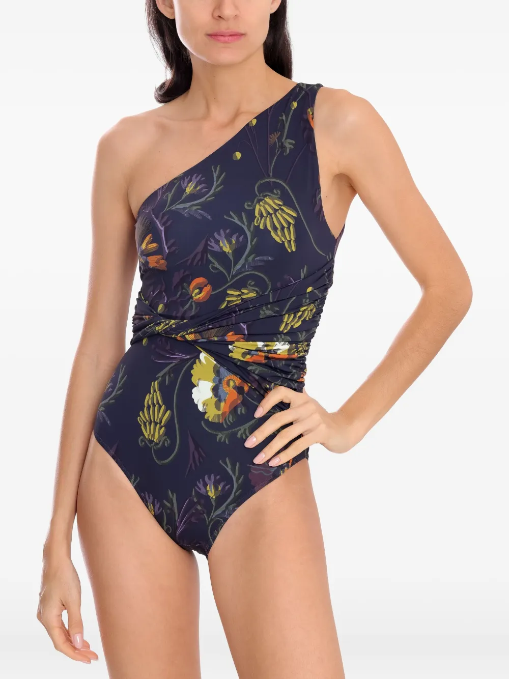 Brigitte floral-print one-shoulder swimsuit Zwart