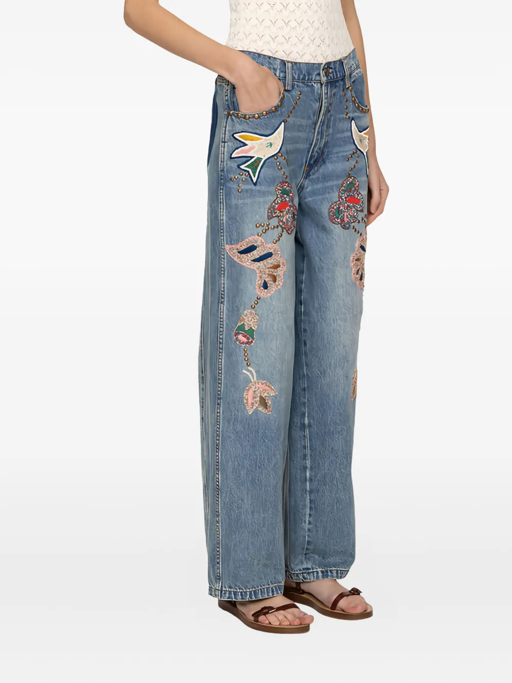 Sea Kara jeans met kralen en bloemen - Blauw
