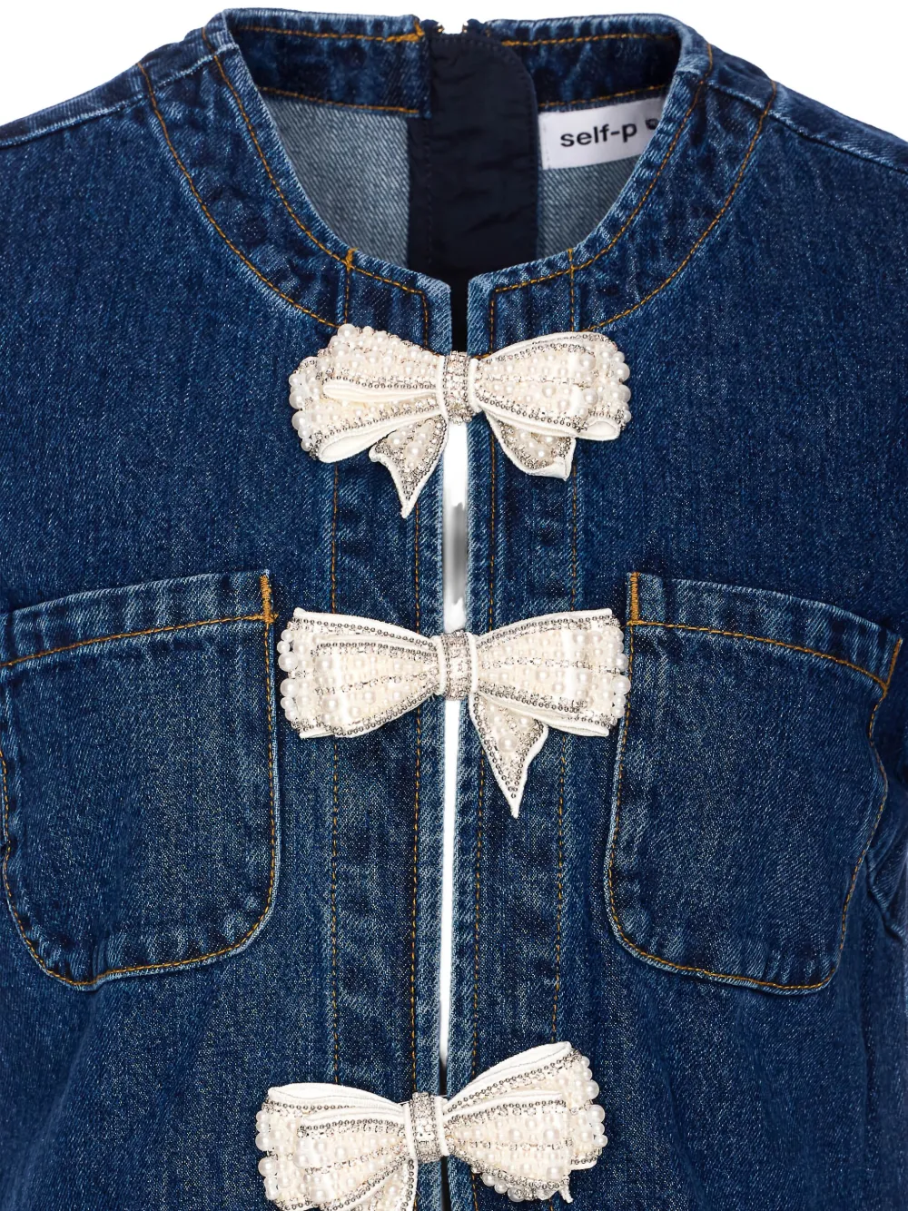 Self-Portrait bow-embellished denim dress Blauw