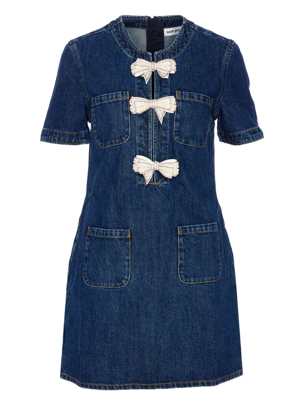 Self-Portrait bow-embellished denim dress Blauw