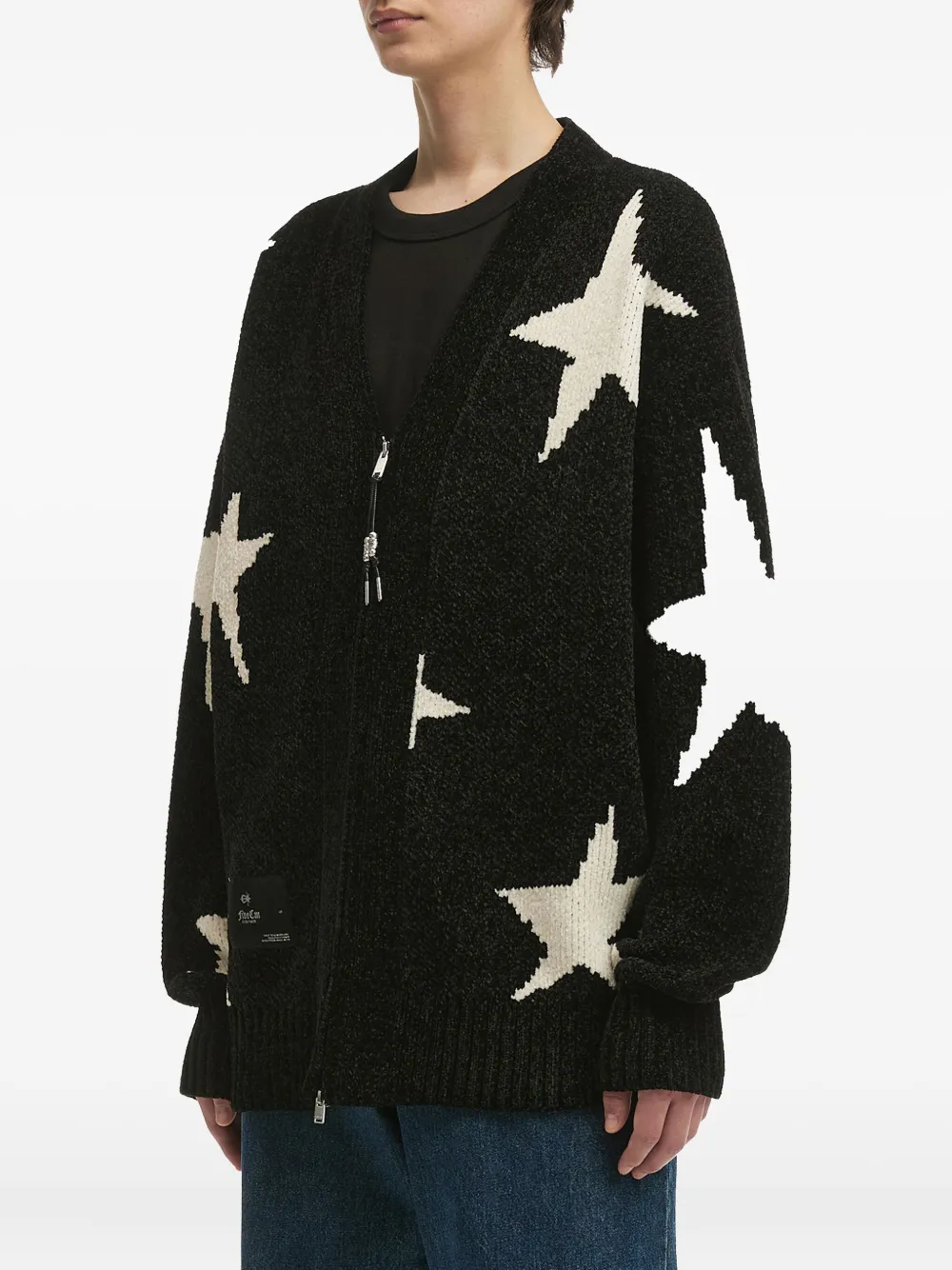 Five Cm Star-pattern Zip-front Cardigan In Black