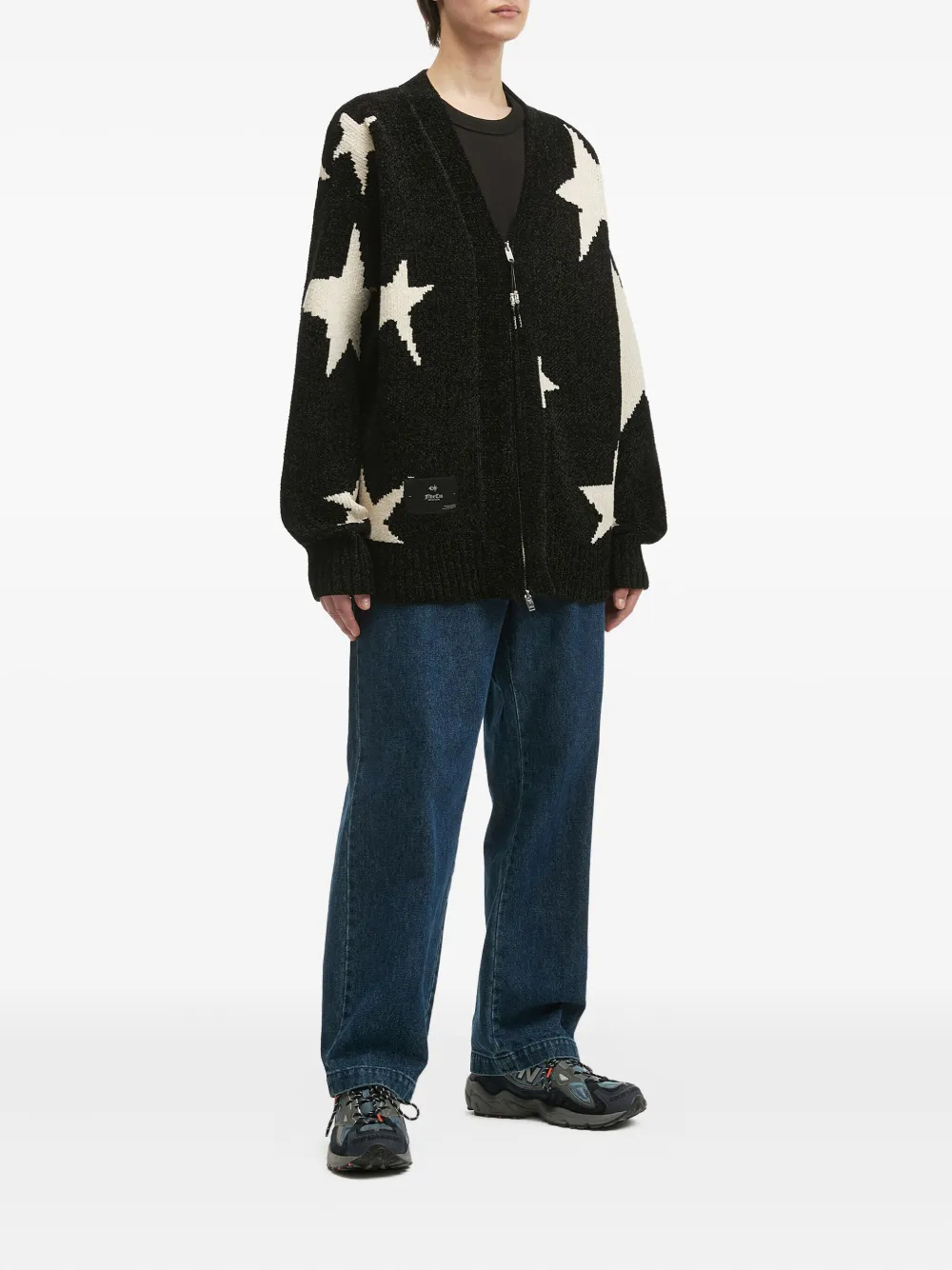 Five Cm Star-pattern Zip-front Cardigan In Black