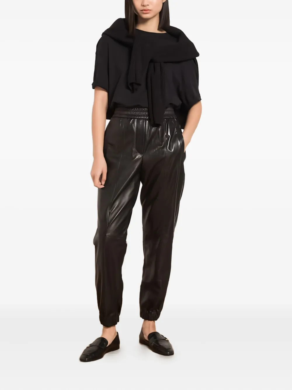 Brunello Cucinelli Elasticated Leather Tapered Trousers In Black