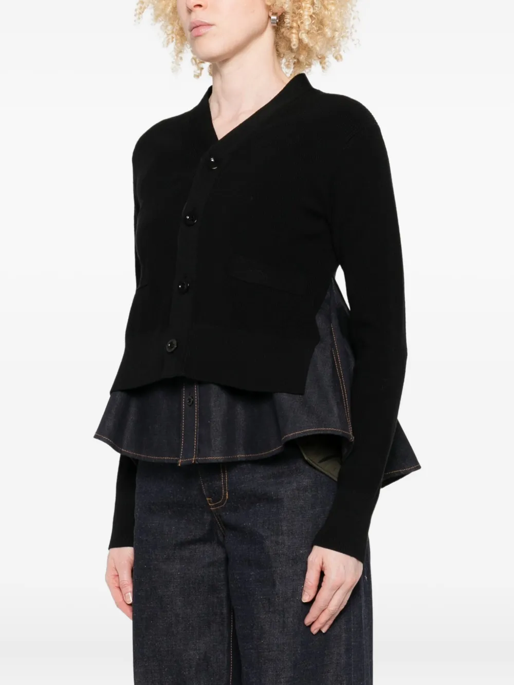 sacai Geribbeld vest met denim vlak Zwart