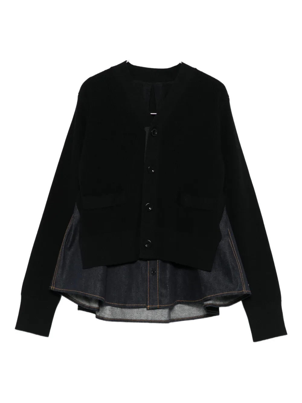 Sacai Denim-panel Ribbed Cardigan In Black