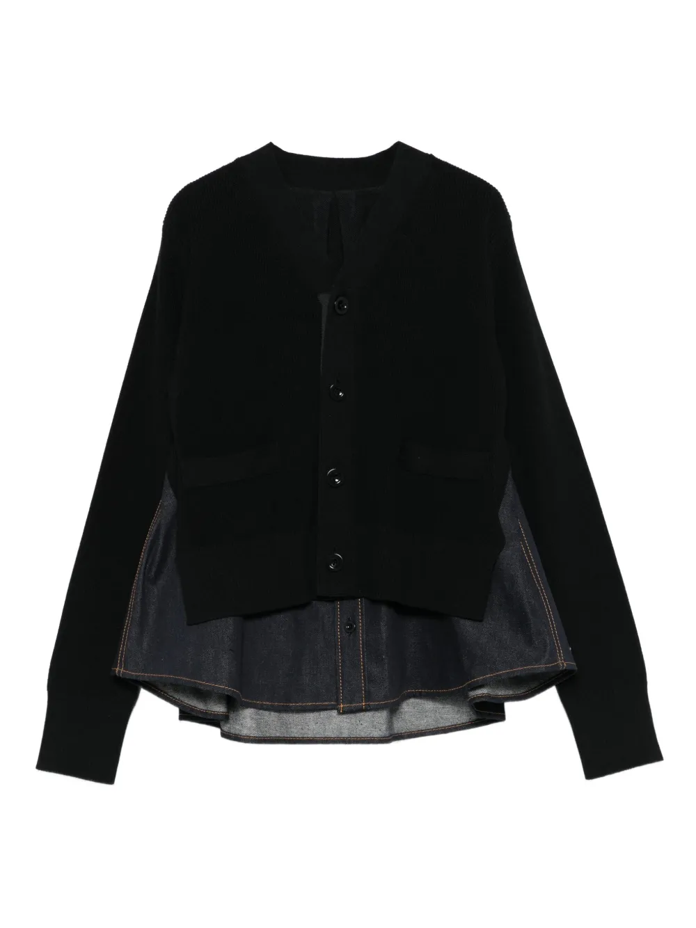 Sacai Geribbeld vest met denim vlak Zwart