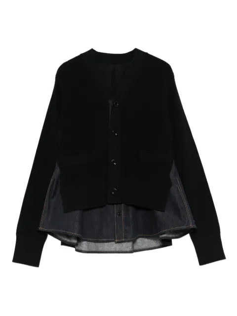 sacai denim-panel ribbed cardigan