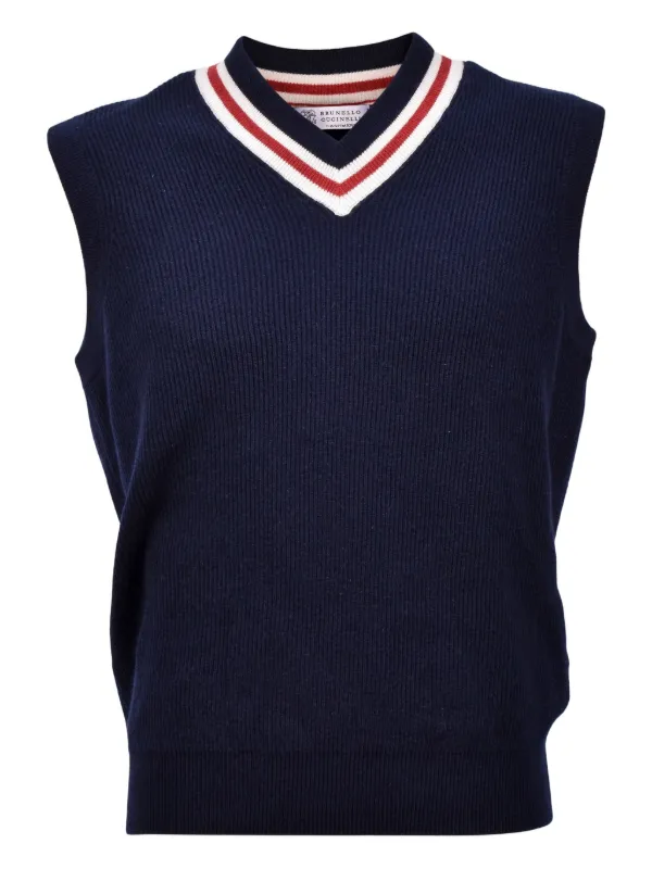BRUNELLO CUCINELLI カシミヤ Vネックニットベスト Brunello Cucinelli Ribbed V-neck Wool Vest | Blue | FARFETCH