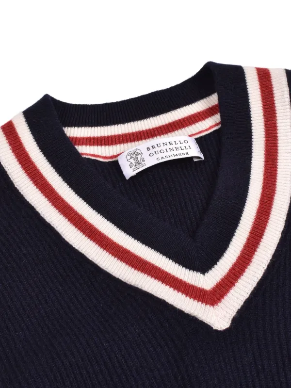BRUNELLO CUCINELLI カシミヤ Vネックニットベスト Brunello Cucinelli Ribbed V-neck Wool Vest | Blue | FARFETCH