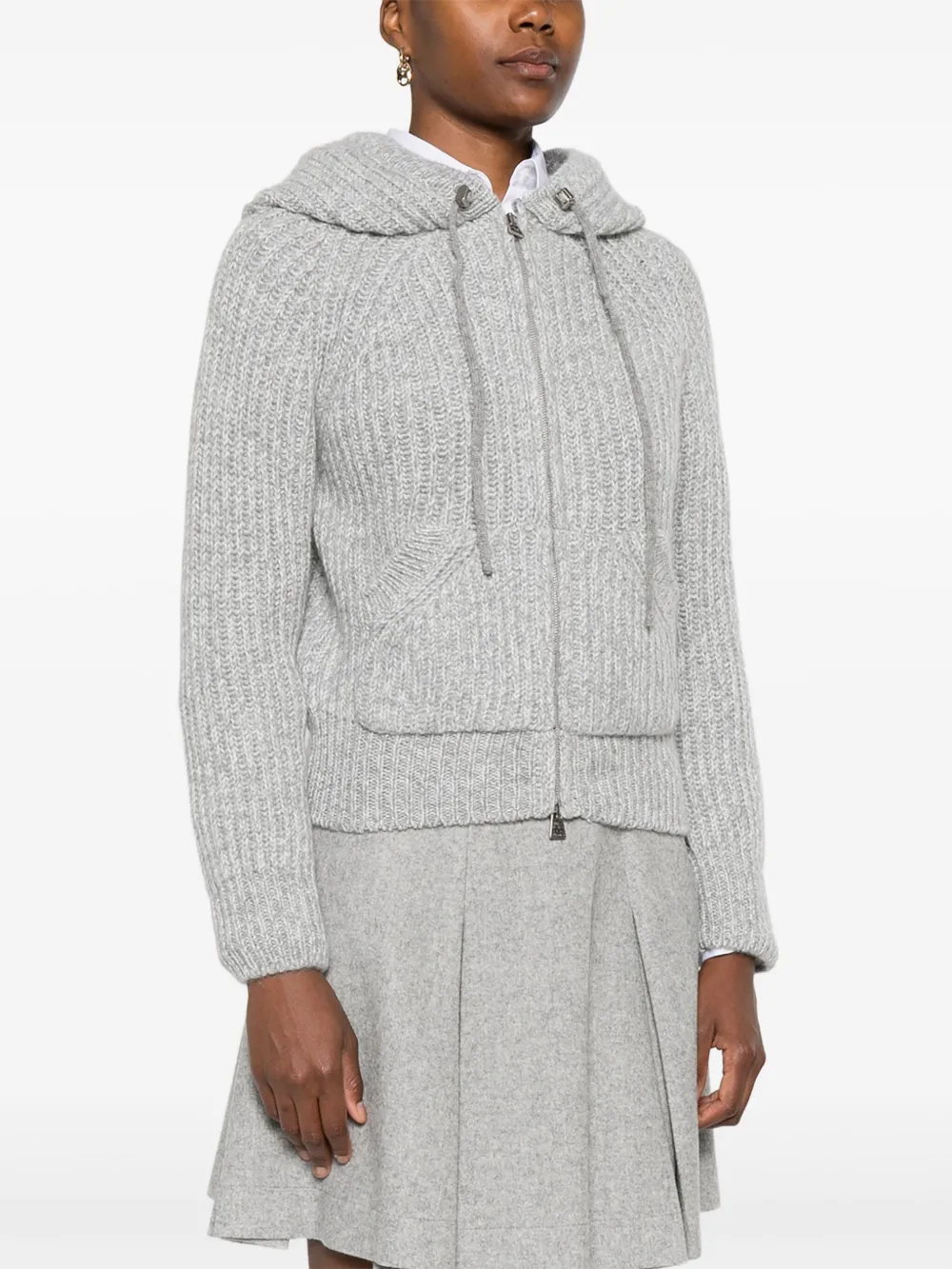 Ermanno Scervino Hooded Zip-up Ribbed Cardigan In Gray