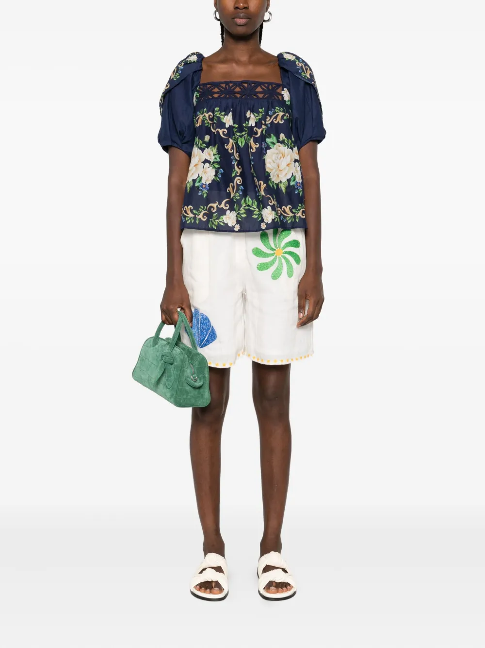 FARM Rio floral-print puff-sleeve blouse - Blauw