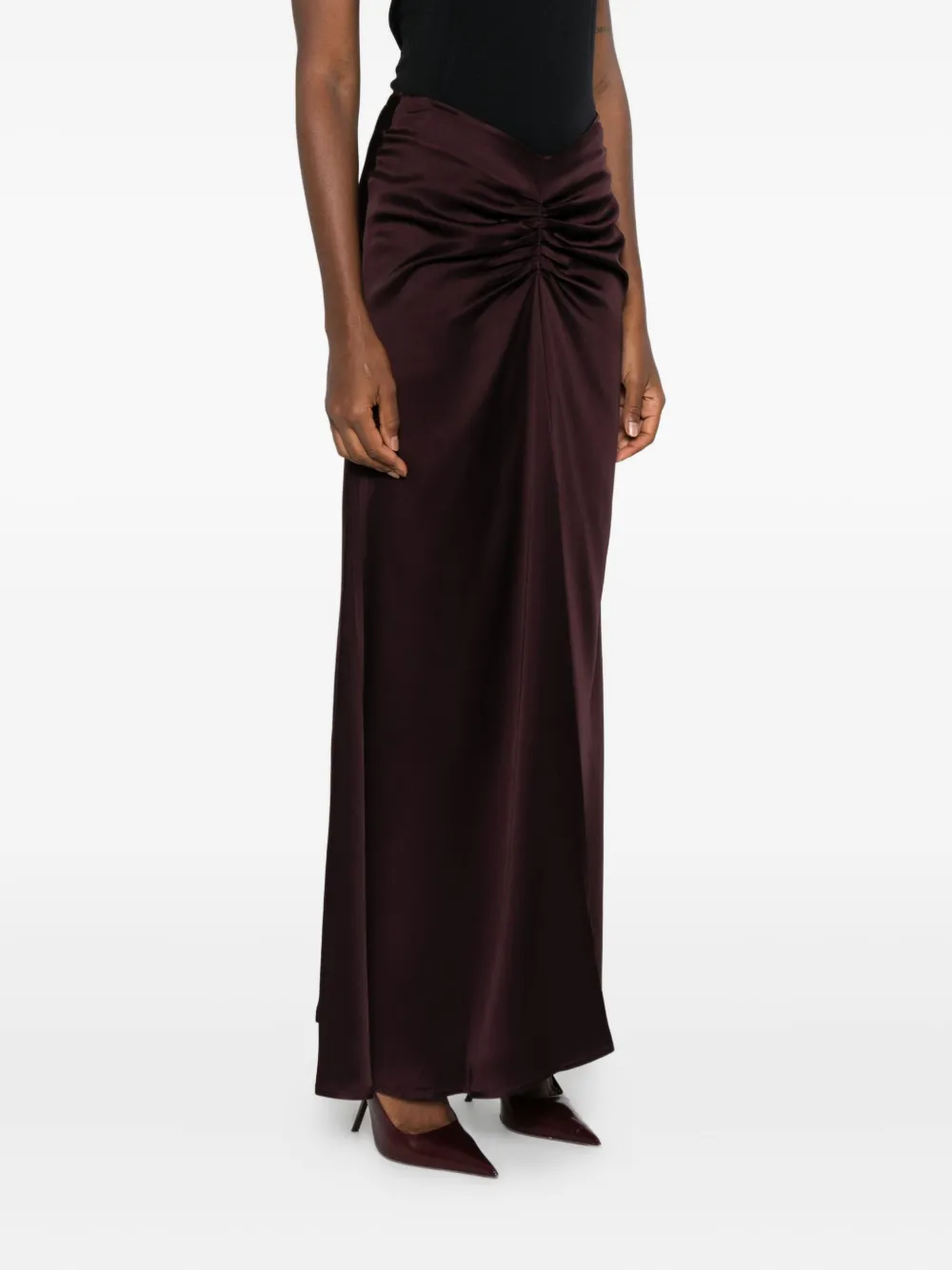 Raquel Diniz High Waist Midi Satin Skirt With Ruched Detail In Brown
