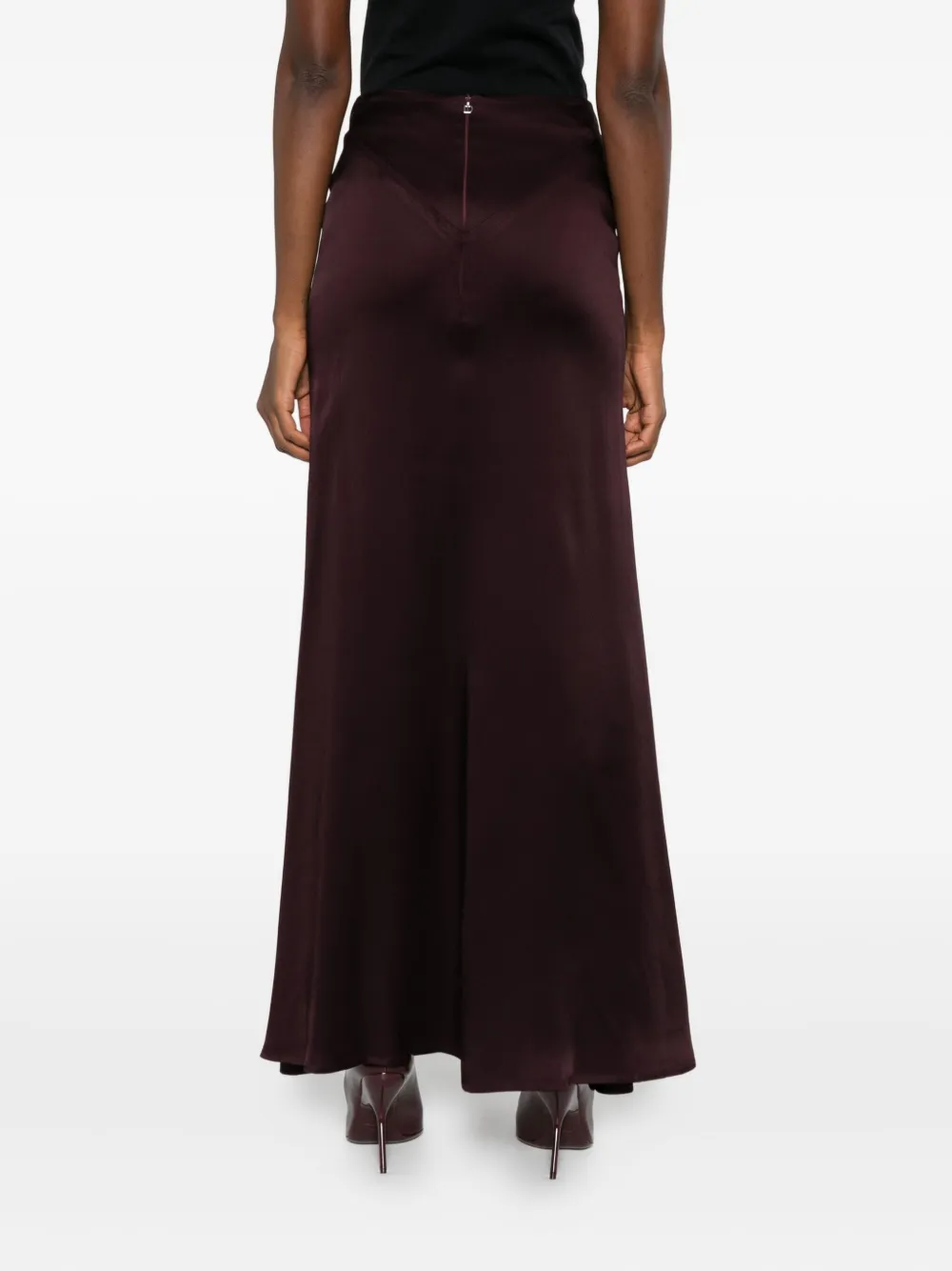 Raquel Diniz High Waist Midi Satin Skirt With Ruched Detail In Brown