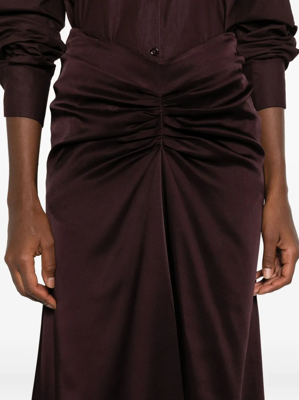 Raquel Diniz High Waist Midi Satin Skirt With Ruched Detail In Brown