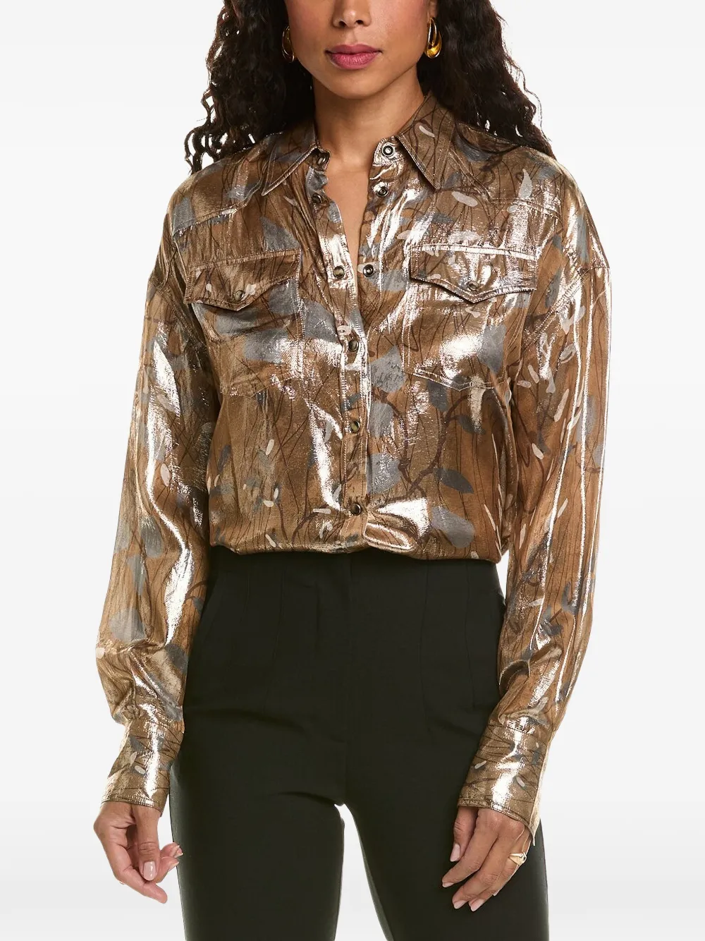 Brunello Cucinelli metallic leaf-print shirt Bruin