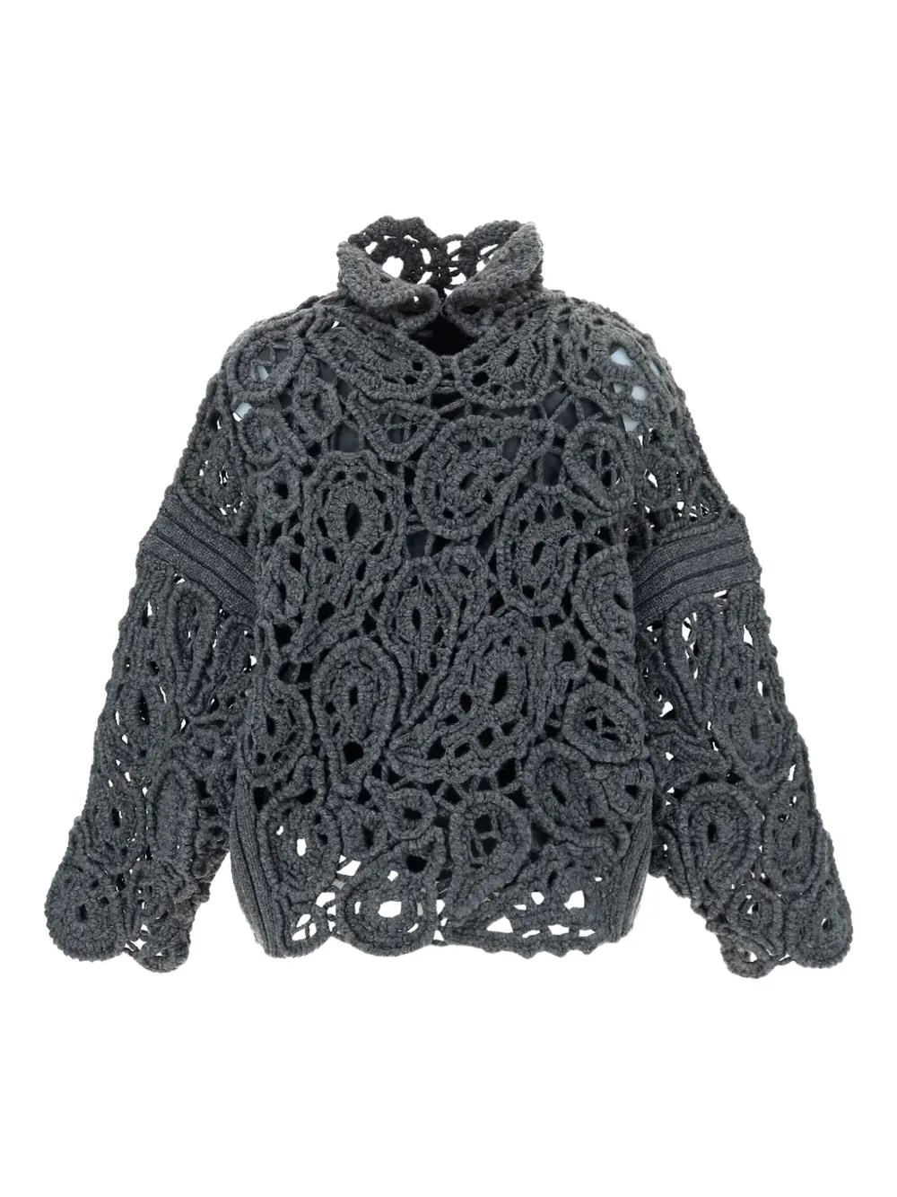 Brunello Cucinelli Crochet-lace High-neck Sweater In Gray