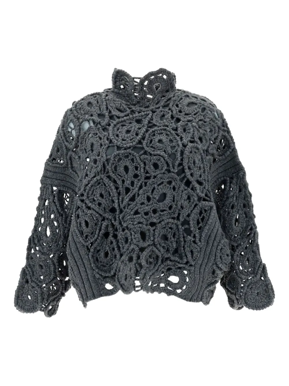 Brunello Cucinelli Crochet-lace High-neck Sweater In Gray