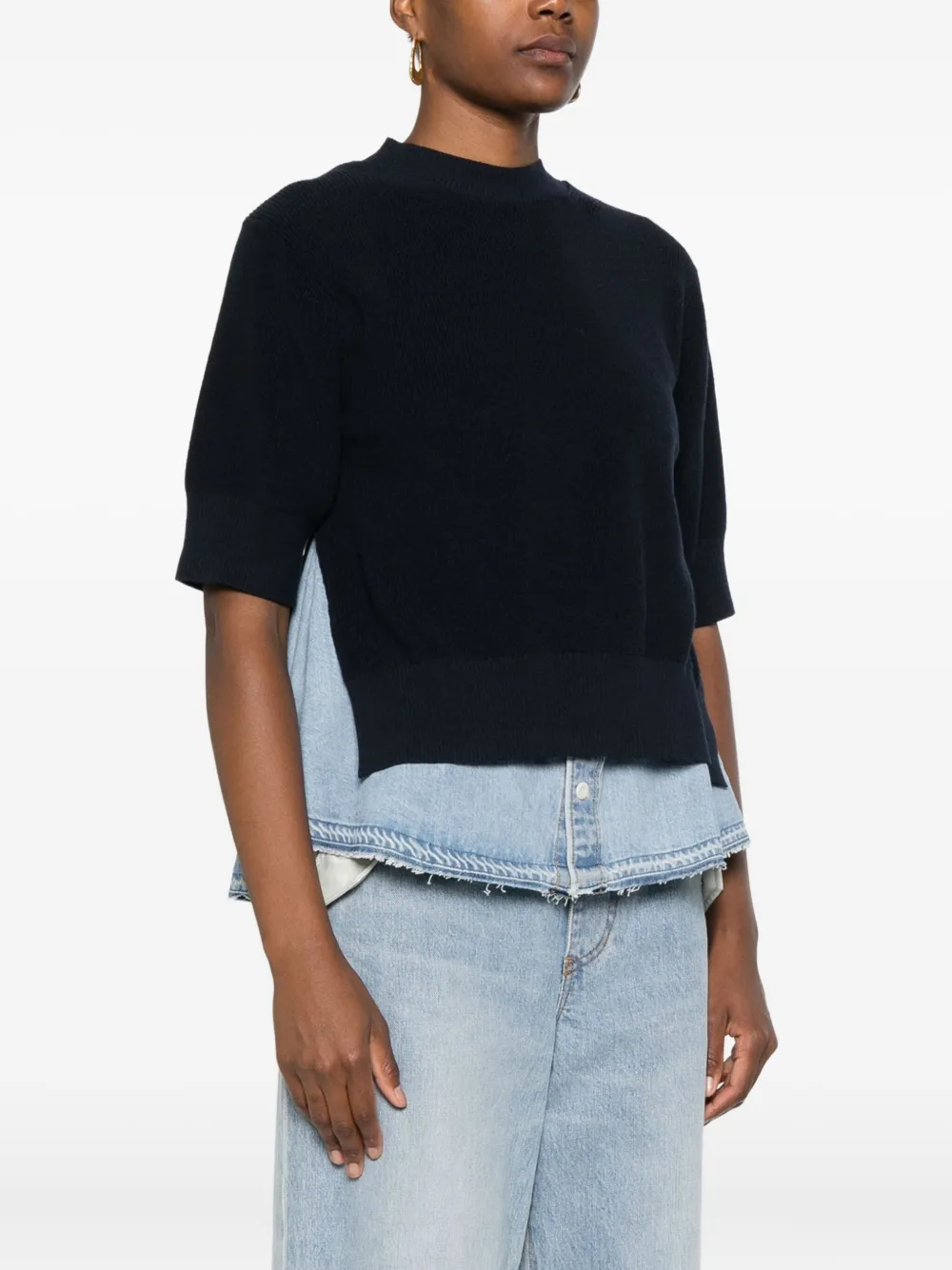 Sacai Denim-panelled Knitted Sweater In Blue