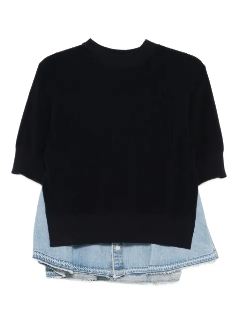 sacai denim-panelled knitted sweater