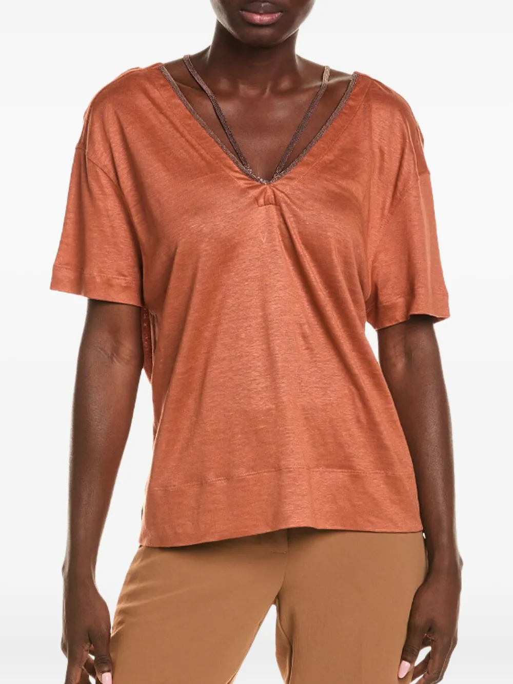 Brunello Cucinelli embellished V-neck T-shirt | Orange | Image 1