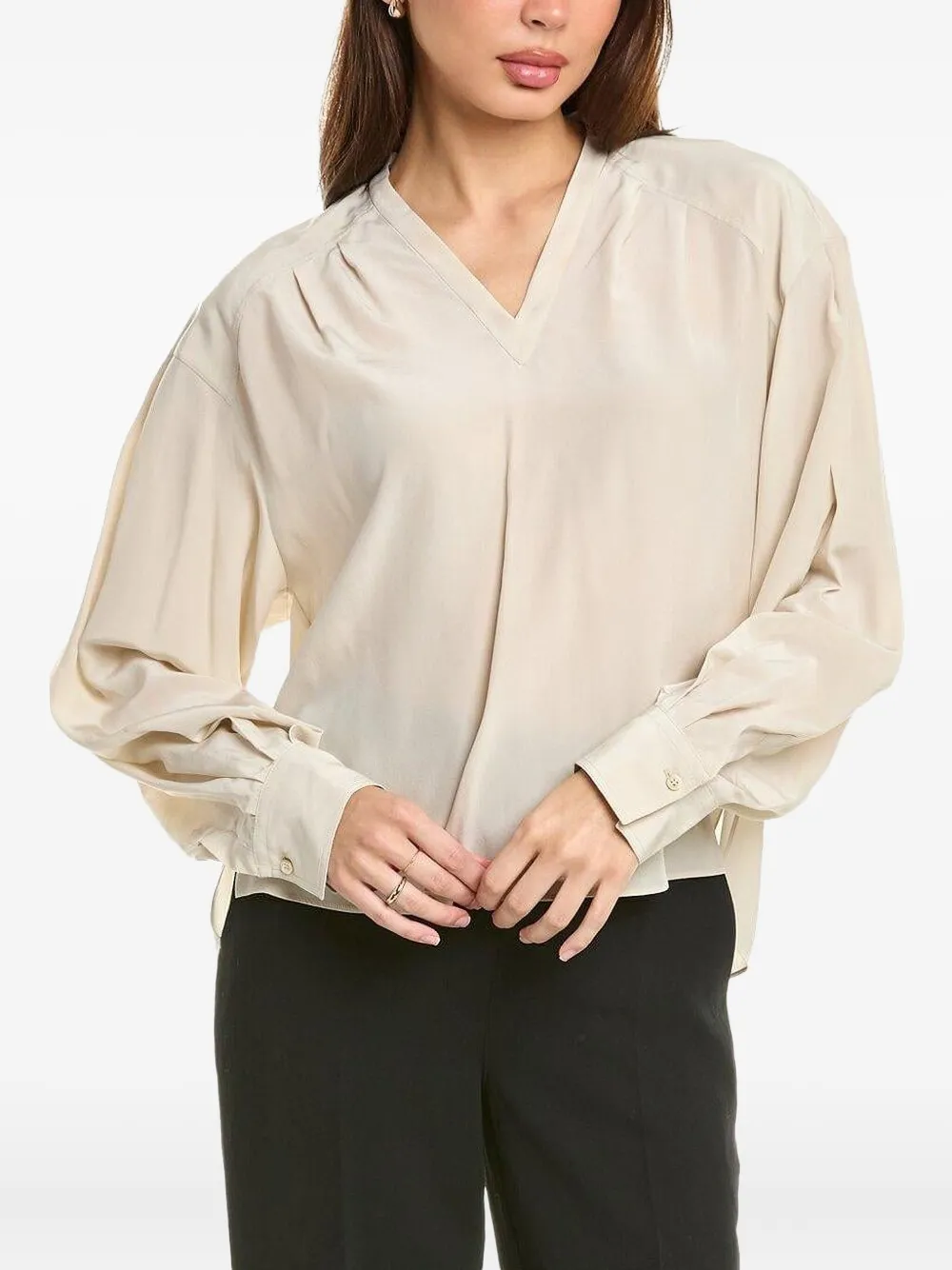 Brunello Cucinelli monoli-detail V-neck silk blouse | Neutrals | Image 1