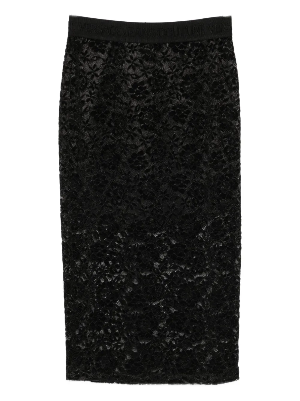 Versace Jeans Couture Textured Black Midi Skirt With Embossed Waistband In Black