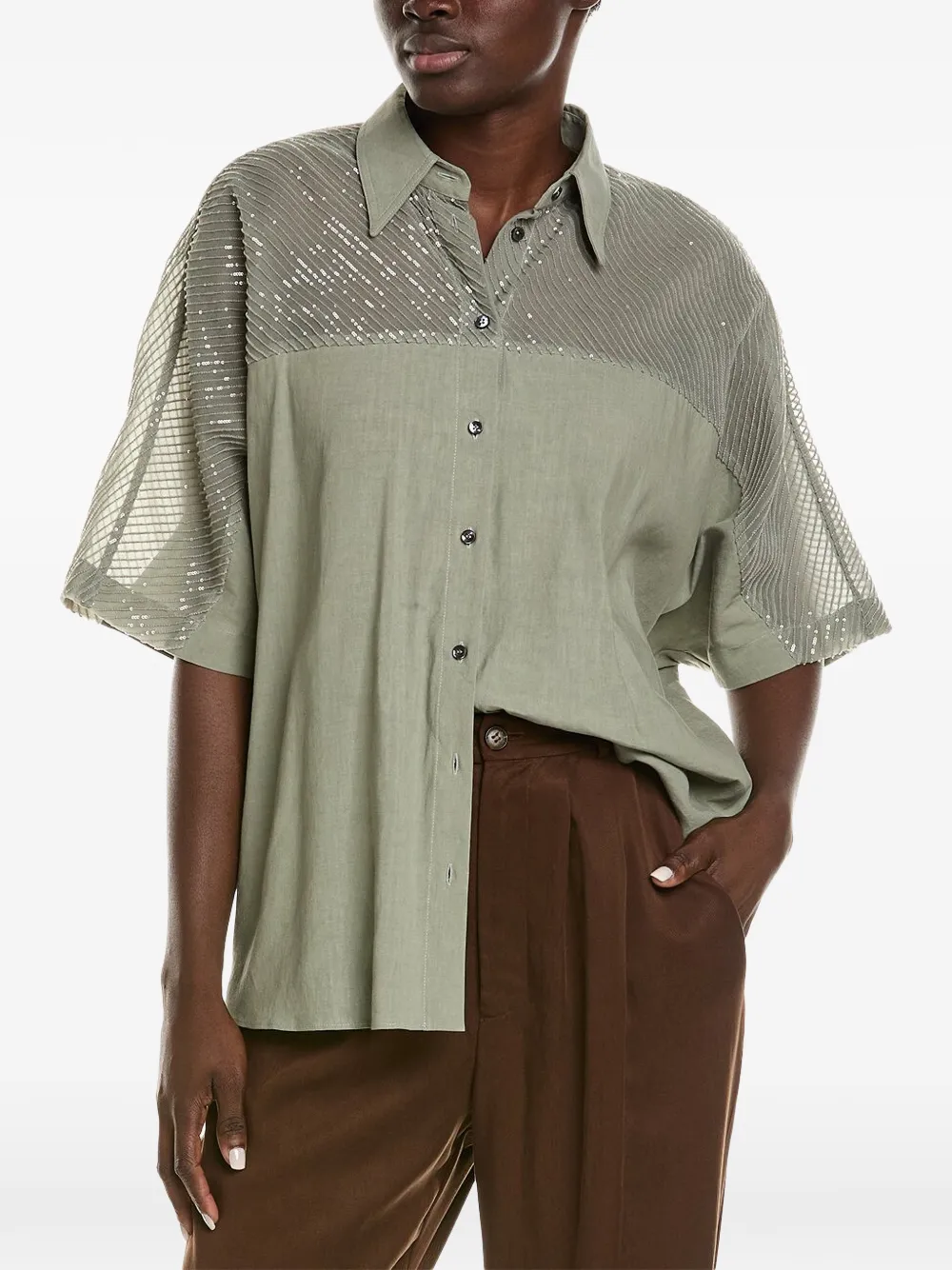 Brunello Cucinelli sequin-embellished sheer-panel shirt - Verde