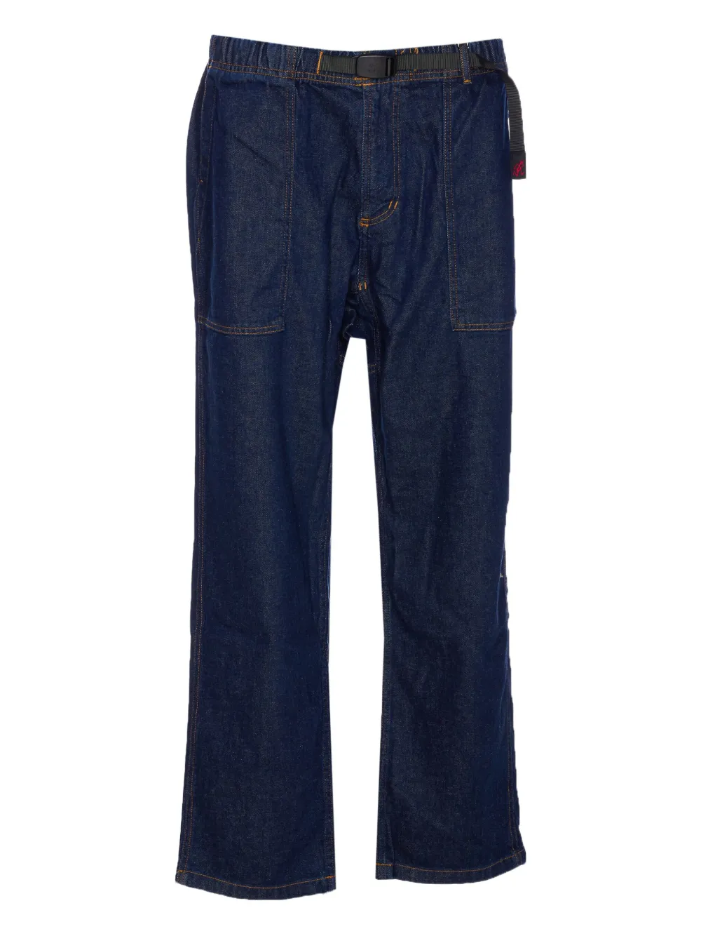 elastic-waist belted tapered jeans