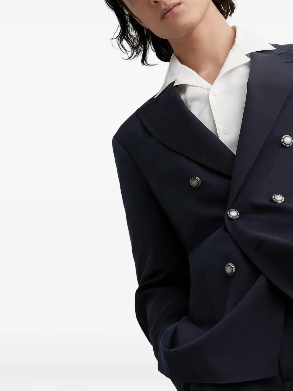 Brunello Cucinelli Zijden pak met dubbele rij knopen Blauw