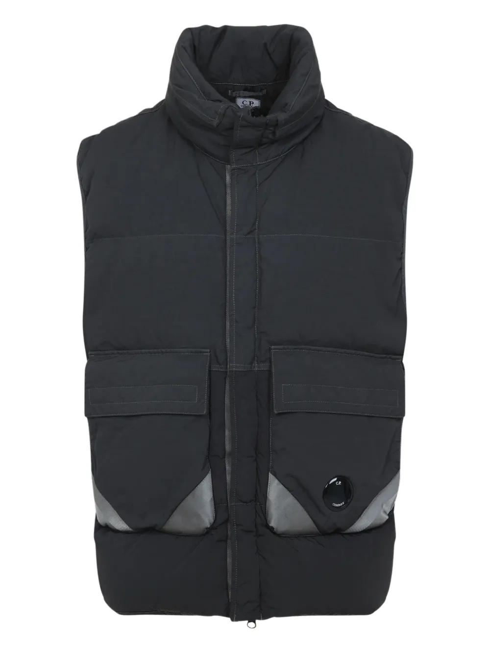 C.p. Company Black Vest With Mock Drawstring Neck And Logo Plaque On The Front In Gray
