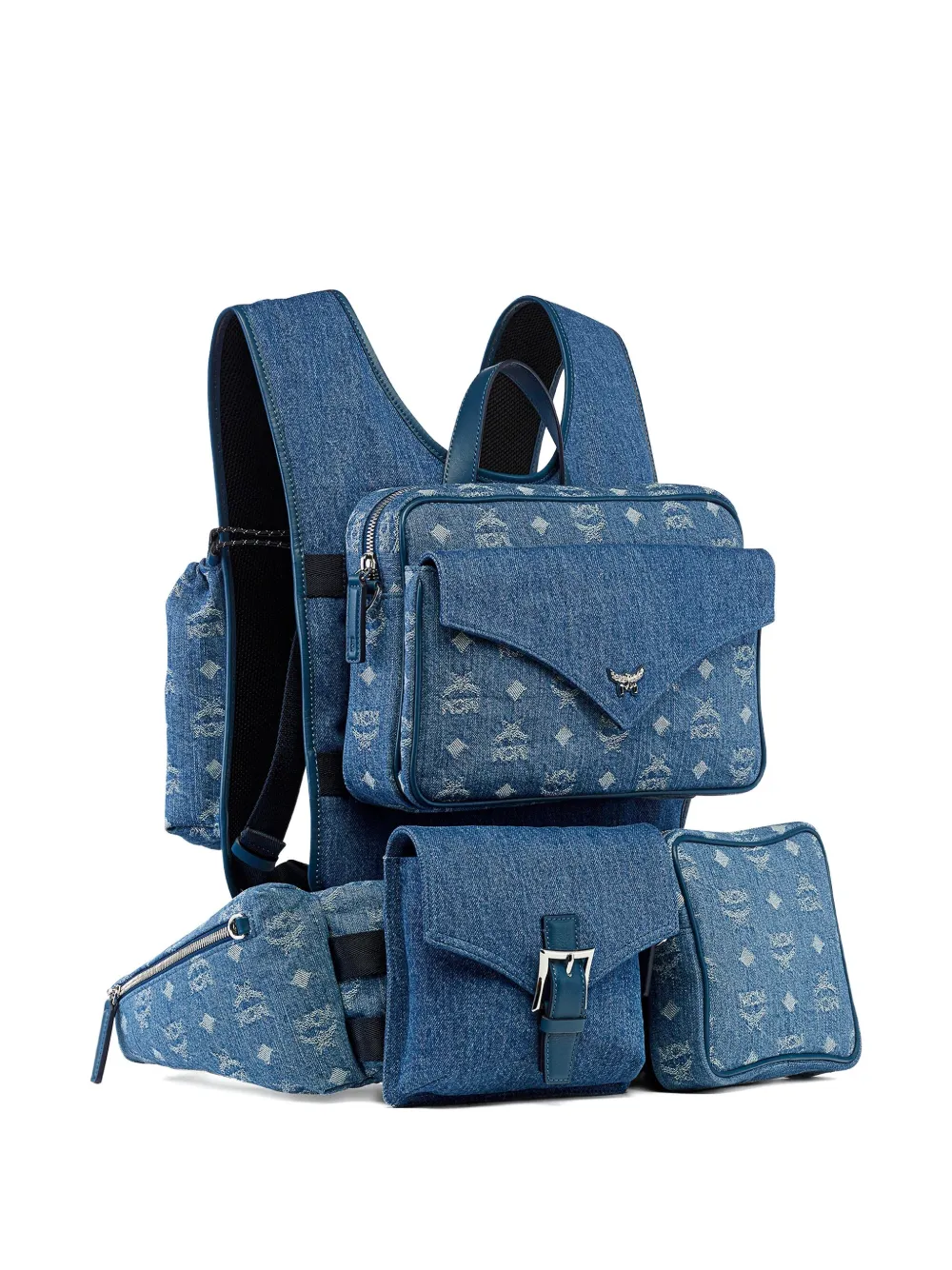 MCM large Aren monogram-jacquard denim multi-backpack Blauw